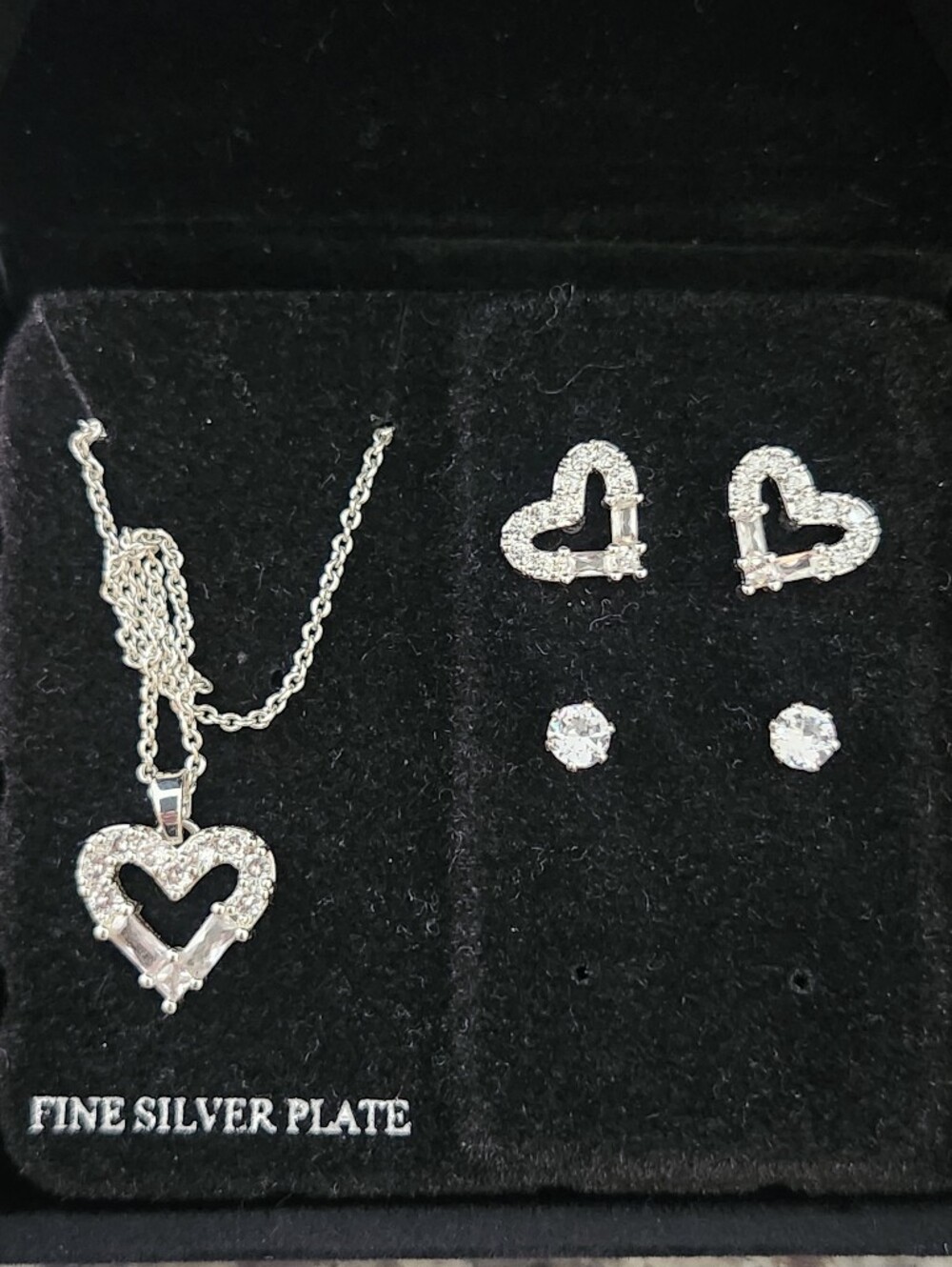 Fine Silver Plate Crystal Accents Heart Pendant Necklace and Earring Set